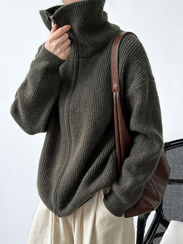 Solid Color Zipper Long Sleeves Loose Lapel Cardigan Tops