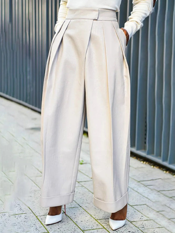 High Waisted Loose Pleated Solid Color Pants Trousers