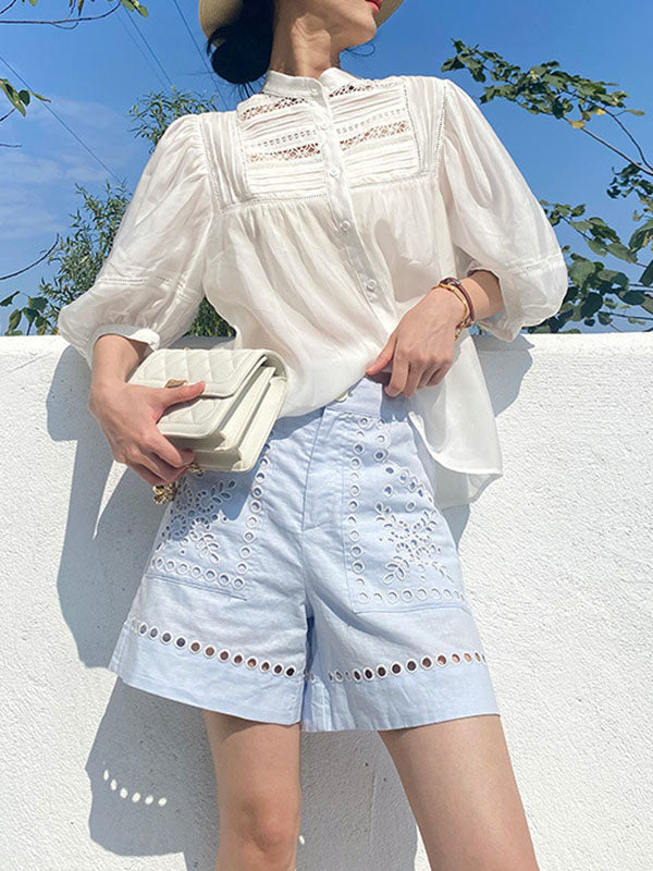 Buttoned Hollow Solid Color Split-Joint Half Sleeves Loose Round-neck Blouses&shirts Tops