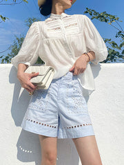 Buttoned Hollow Solid Color Split-Joint Half Sleeves Loose Round-neck Blouses&shirts Tops