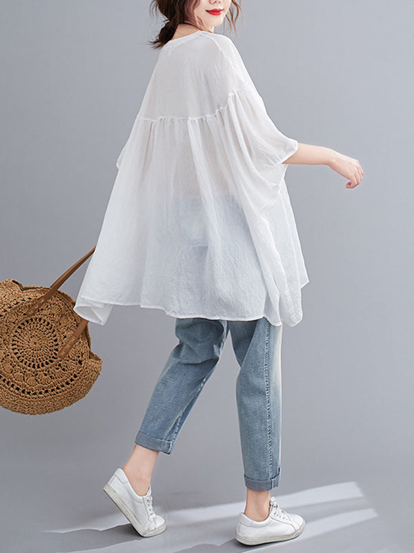 Pleated See-Through Solid Color Half Sleeves Loose Round-neck Blouses&shirts Tops