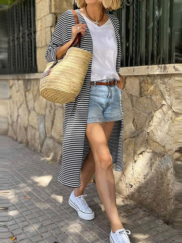 Contrast Color Striped Long Sleeves Loose Collarless Cardigan Coats
