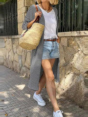 Contrast Color Striped Long Sleeves Loose Collarless Cardigan Coats