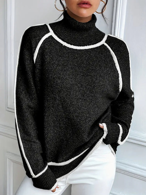 Contrast Color Split-Joint Long Sleeves Loose High Neck Sweater Tops