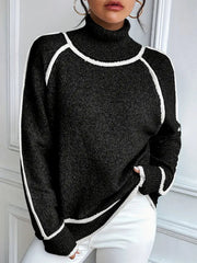 Contrast Color Split-Joint Long Sleeves Loose High Neck Sweater Tops
