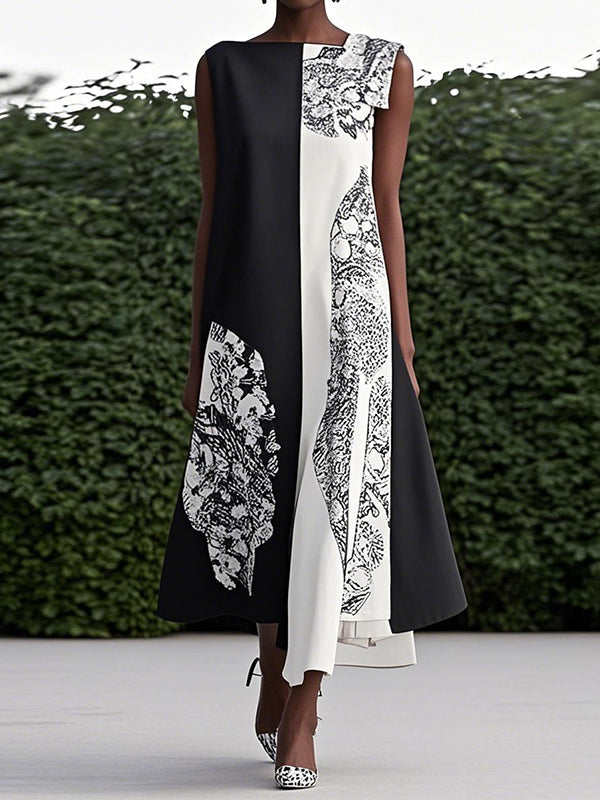 Loose Sleeveless Asymmetric Contrast Color Printed Round-Neck Maxi Dresses