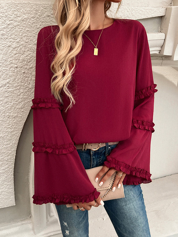 Solid Color Split-Joint Flared Sleeves Long Sleeves Round-Neck T-Shirts Tops