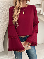 Solid Color Split-Joint Flared Sleeves Long Sleeves Round-Neck T-Shirts Tops