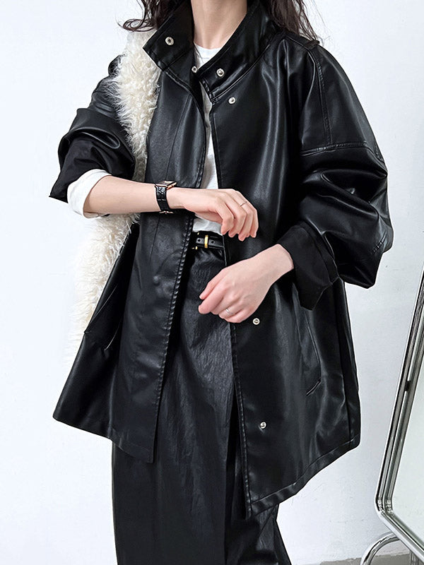 Buttoned Pockets Solid Color Long Sleeves Loose Stand Collar Outerwear