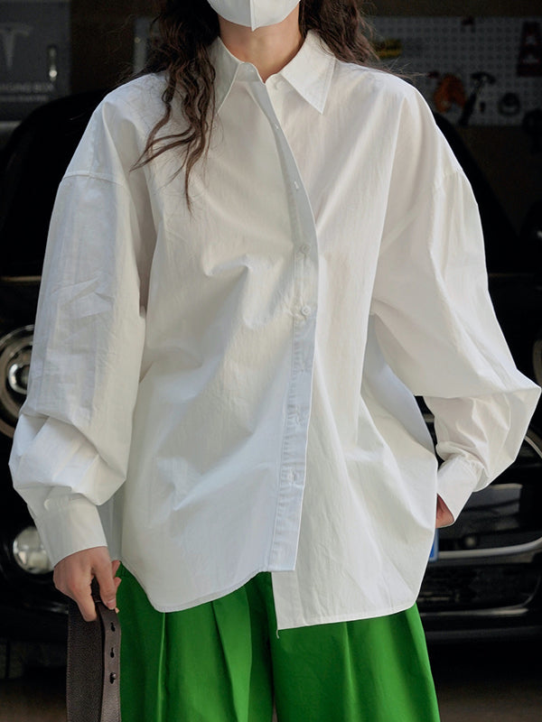 Asymmetric Solid Color Long Sleeves Loose Lapel Blouses