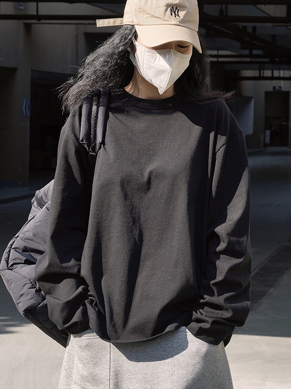 Casual Long Sleeves Loose Solid Color Round-Neck T-Shirts Tops