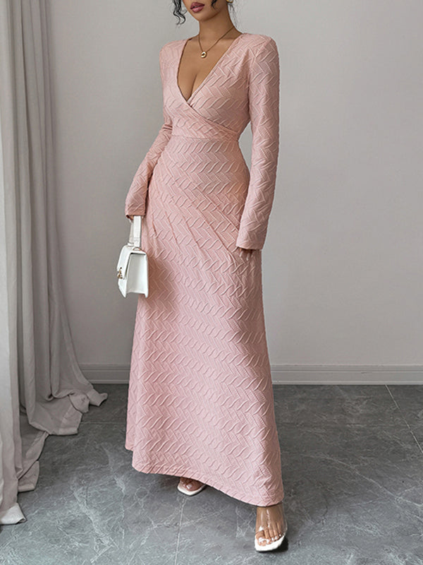 Pleated Solid Color High Waisted Long Sleeves Deep V-Neck Maxi Dresses