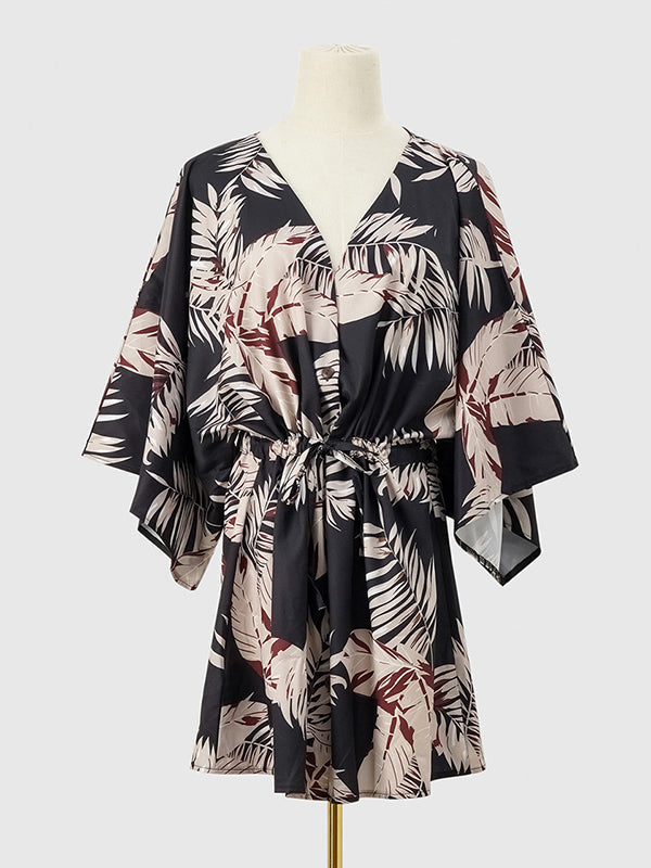 Buttoned Drawstring Leaves Print A-Line Half Sleeves V-Neck Mini Dresses