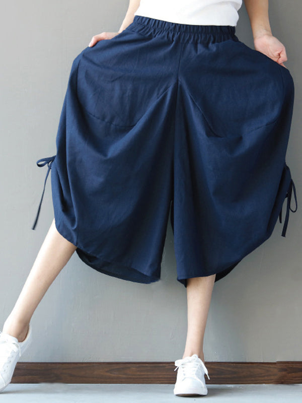 Drawstring Elasticity Solid Color Split-Joint High Waisted Loose Pants Cropped Trousers
