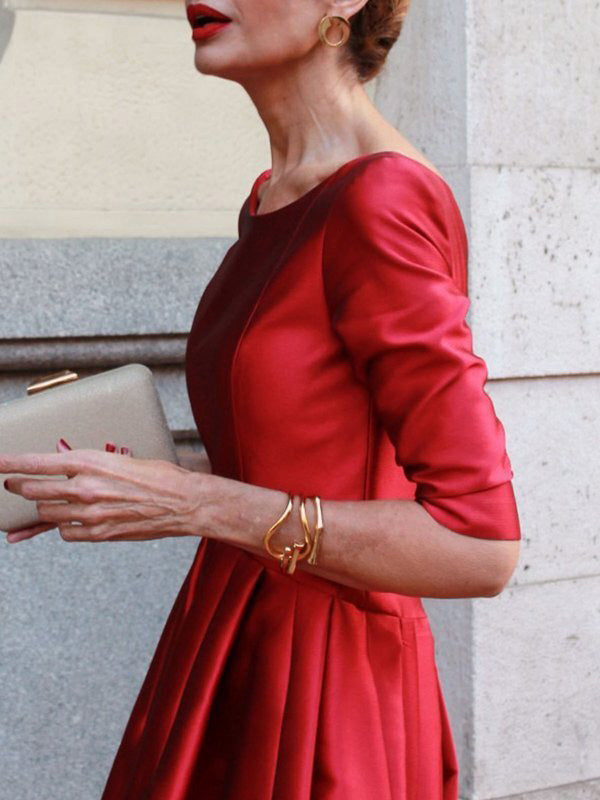 Pleated Pockets Solid Color Split-Joint A-Line Loose Round-Neck Midi Dresses