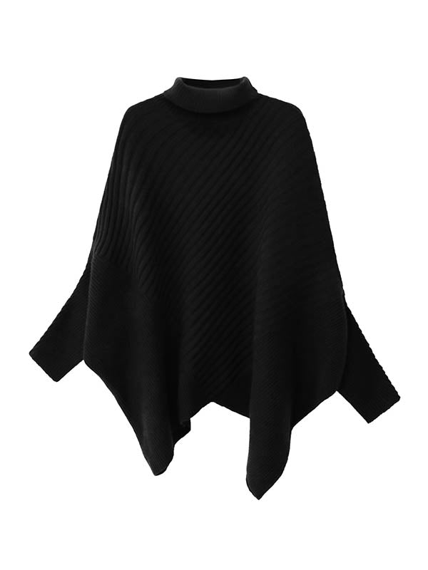 Asymmetric Ribbed Knit Solid Color Split-Joint Batwing Sleeves Irregularity High Neck Sweater Tops