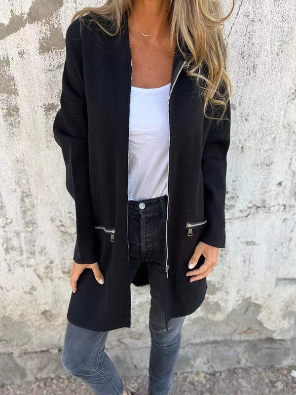 Pockets Solid Color Split-Joint Zipper Hooded Long Sleeves Outerwear