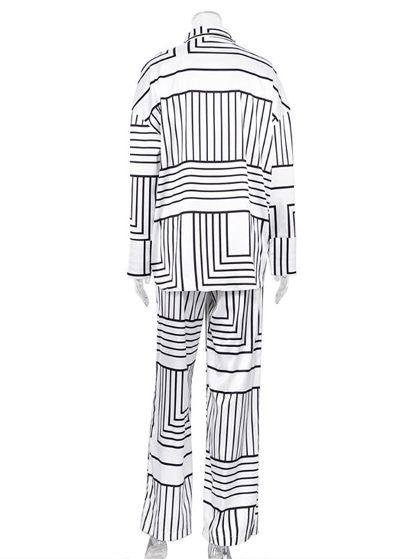 Casual Loose Printed Lapel Collar Blouses Tops & Wide Leg Pants Two Pieces Set