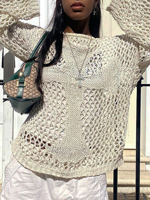 Hollow Solid Color Long Sleeves Loose Round-Neck Sweater Tops Pullovers Knitwear