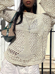 Hollow Solid Color Long Sleeves Loose Round-Neck Sweater Tops Pullovers Knitwear