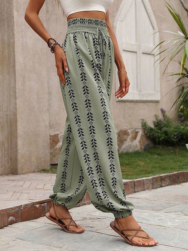 Drawstring Elasticity Pleated Printed High Waisted Loose Trousers Pants Knickerbockers