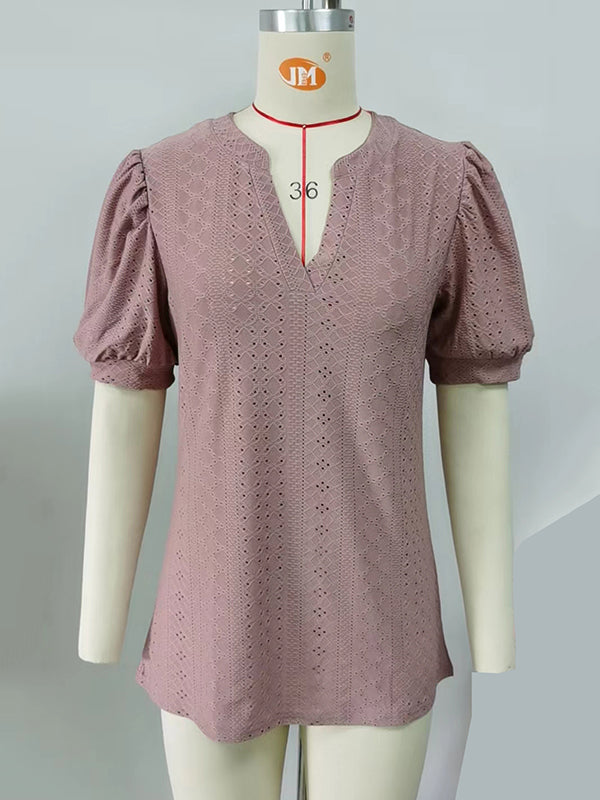 Hollow Solid Color Bishop Sleeve Loose V-neck T-Shirts Tops