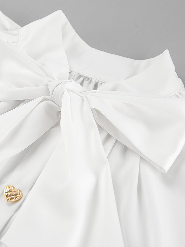 Buttoned Elasticity Pleated Solid Color Tied Zipper A-Line Flared Sleeves Stand Collar Mini Dresses