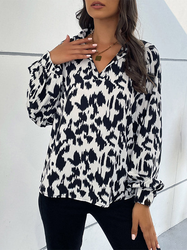 Buttoned Leopard Long Sleeves Loose Lapel Blouses&Shirts Tops