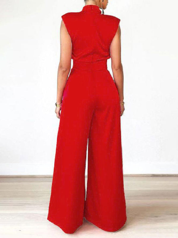 Casual Wide Leg Sleeveless Solid Color High-Neck Jumpsuits