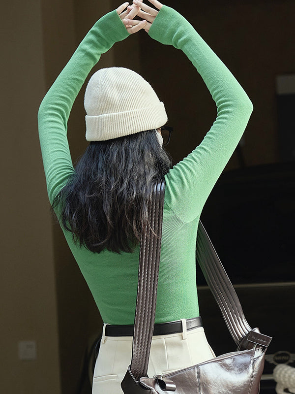 Solid Color Long Sleeves Skinny High-Neck Sweater Tops Pullovers