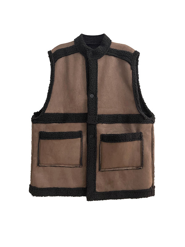 Buttoned Pockets Split-Joint Loose Sleeveless Stand Collar Vest Outerwear