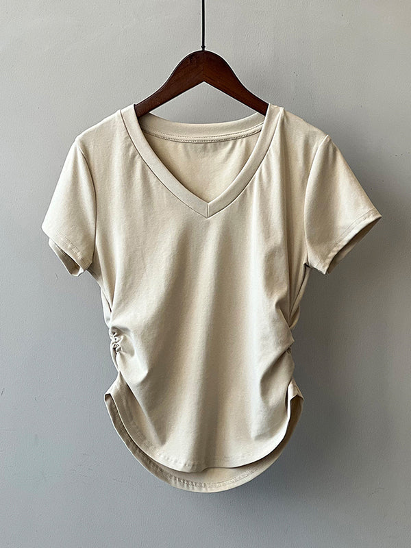 Solid Color Irregular clipping Short Sleeves V-neck T-Shirts Tops