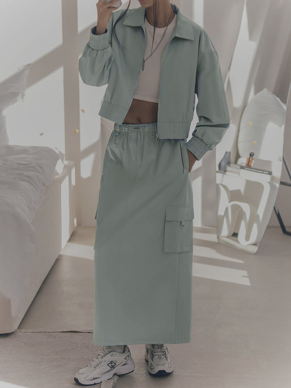 Elasticity Pleated Solid Color Split-Joint Zipper Long Sleeves Loose Lapel Outerwear Jackets