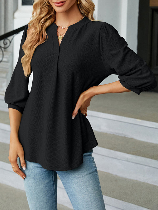 Jacquard Pleated Solid Color Split-Joint Loose Puff Sleeves V-Neck T-Shirts Tops