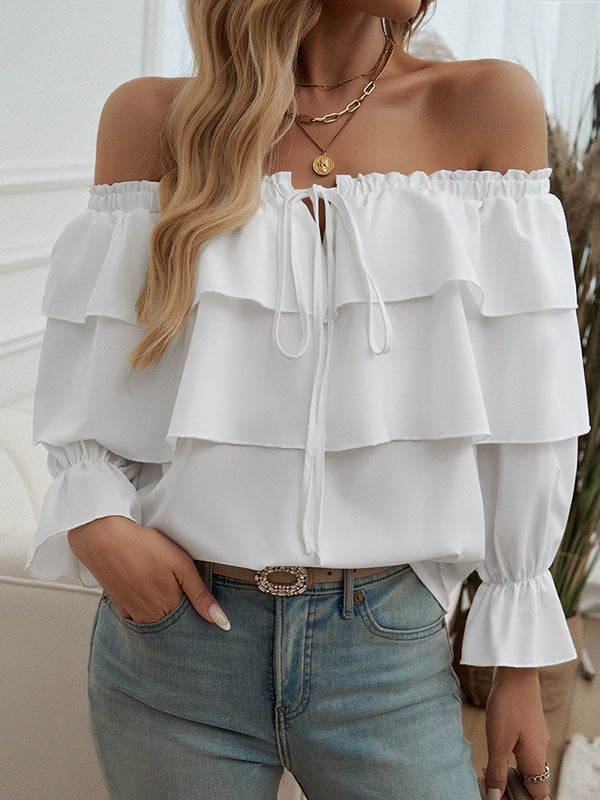 Layered Pleated Solid Color Split-Joint Tied Long Sleeves Loose Off-The-Shoulder Blouses&Shirts Tops