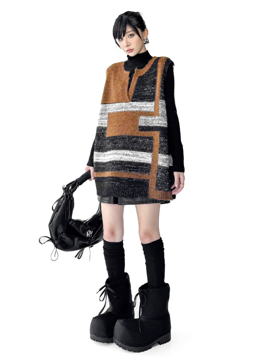Contrast Color Geometric Split-Joint Striped Loose Sleeveless V-Neck Vest Top Outerwear