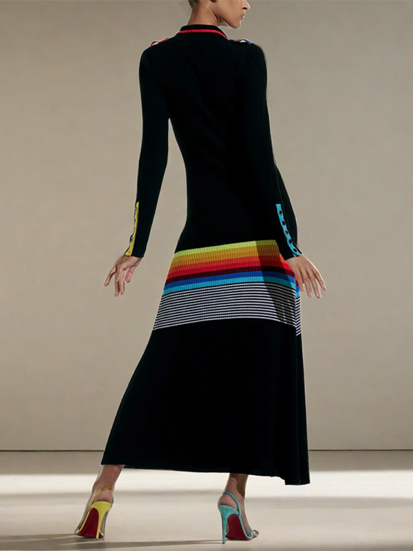 Buttoned Contrast Color Striped Long Sleeves Skinny Lapel Shirt Dress Maxi Dresses