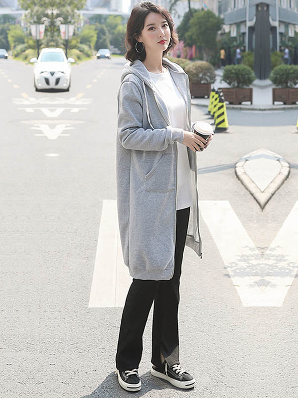 4Colors Drawstring Hooded Split-Joint Pocket Solid Color Zipper Outerwear