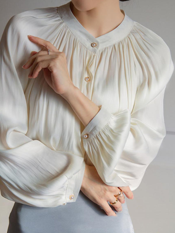 Buttoned Pleated Long Sleeves Loose Round-Neck Blouses&Shirts Tops