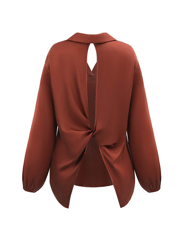 Backless Elasticity Hollow Knot Solid Color High-low Long Sleeves V-neck T-Shirts Tops