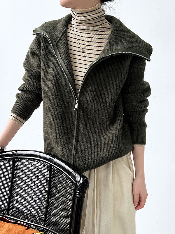 Solid Color Zipper Long Sleeves Loose Lapel Cardigan Tops