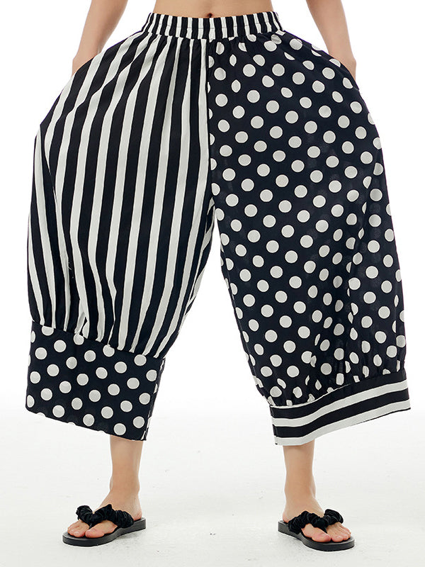 Contrast Color Elasticity Polka-Dot Split-Joint Striped Loose Wide Leg Pants Cropped Trousers