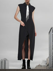 Asymmetric Hollow Rhine Stones Split-Front Split-Joint Tasseled High Waisted Sleeveless Lapel Midi Dresses