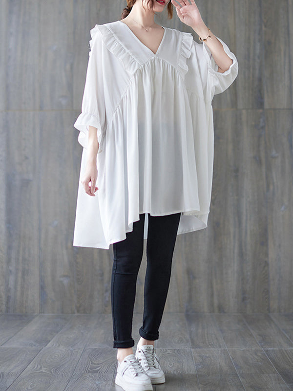 Ruffled Solid Color Loose Ruffle Sleeves Peter Pan Collar Blouses&Shirts Tops