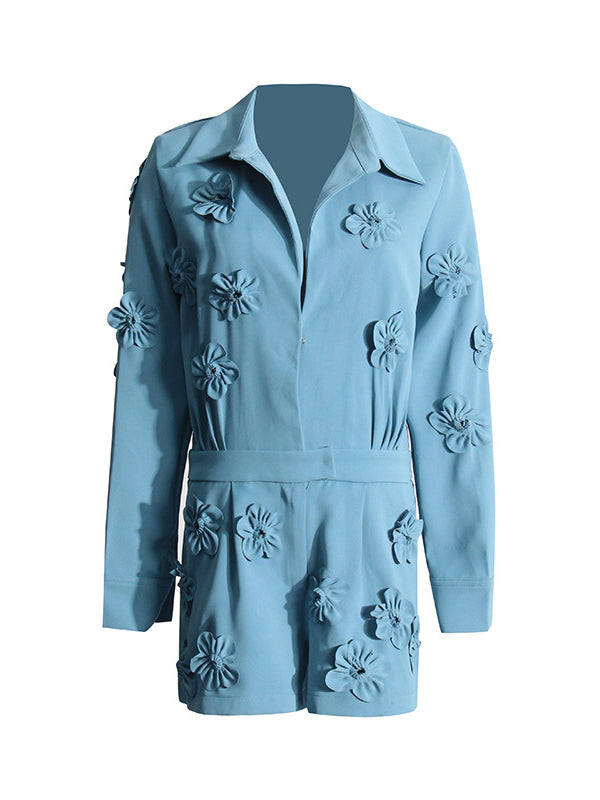 Solid Color Three-Dimensional Flower High Waisted Long Sleeves Lapel Rompers