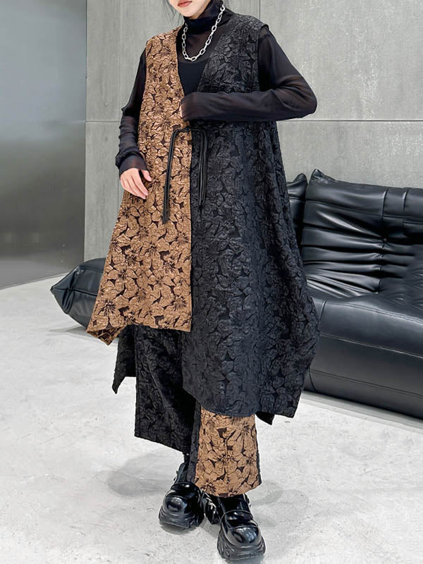 Jacquard A-Line High-Low Asymmetric Contrast Color Vest Top + Elasticity Pants Bottom Two Pieces Set