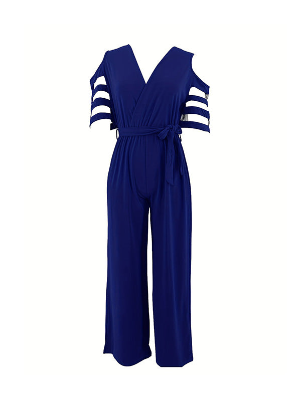 Hollow Mesh Solid Color Tied Waist High Waisted Loose V-Neck Jumpsuits