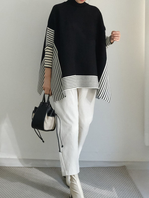 Split-Joint Split-Side Striped Batwing Sleeves Loose High Neck Sweater