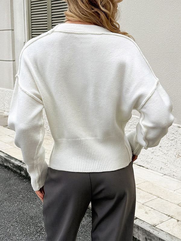 Buttoned Ribs Solid Color Long Sleeves Skinny Collarless Cardigan Tops