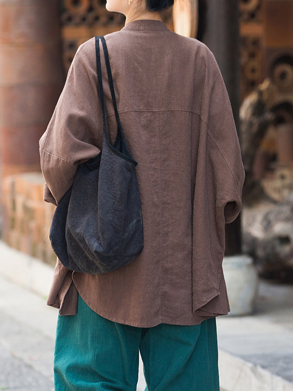 Chinese Frog Buttons Pleated Solid Color Split-Joint Batwing Sleeves Loose Stand Collar Blouses